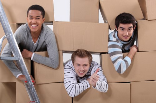 Professional movers carrying household furniture carefully